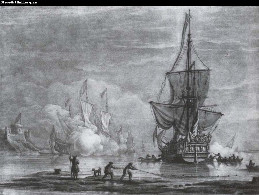 Monamy, Peter Calm scene of a yacht offshore with another ship firing a salute